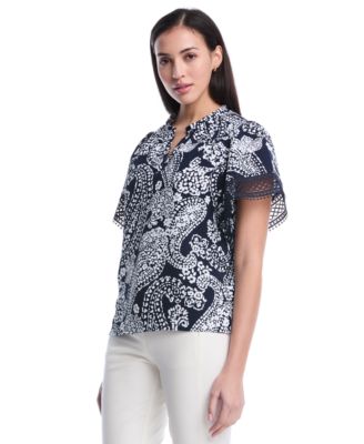 Rafaella Petite Paisley Print Flutter Lace Short-Sleeve Blouse