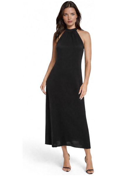 Bebe Women's Crushed Satin Mock Neck Maxi Dress