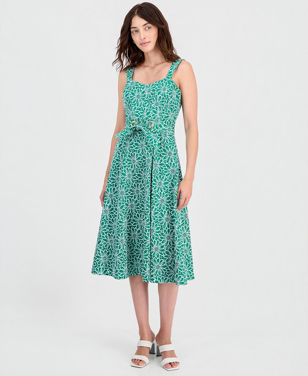 Tahhari ASL Women's Cotton Eyelet Belted Midi Dress