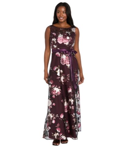 R & M Richards Women's Printed Foil Floral Boat Neck Gown