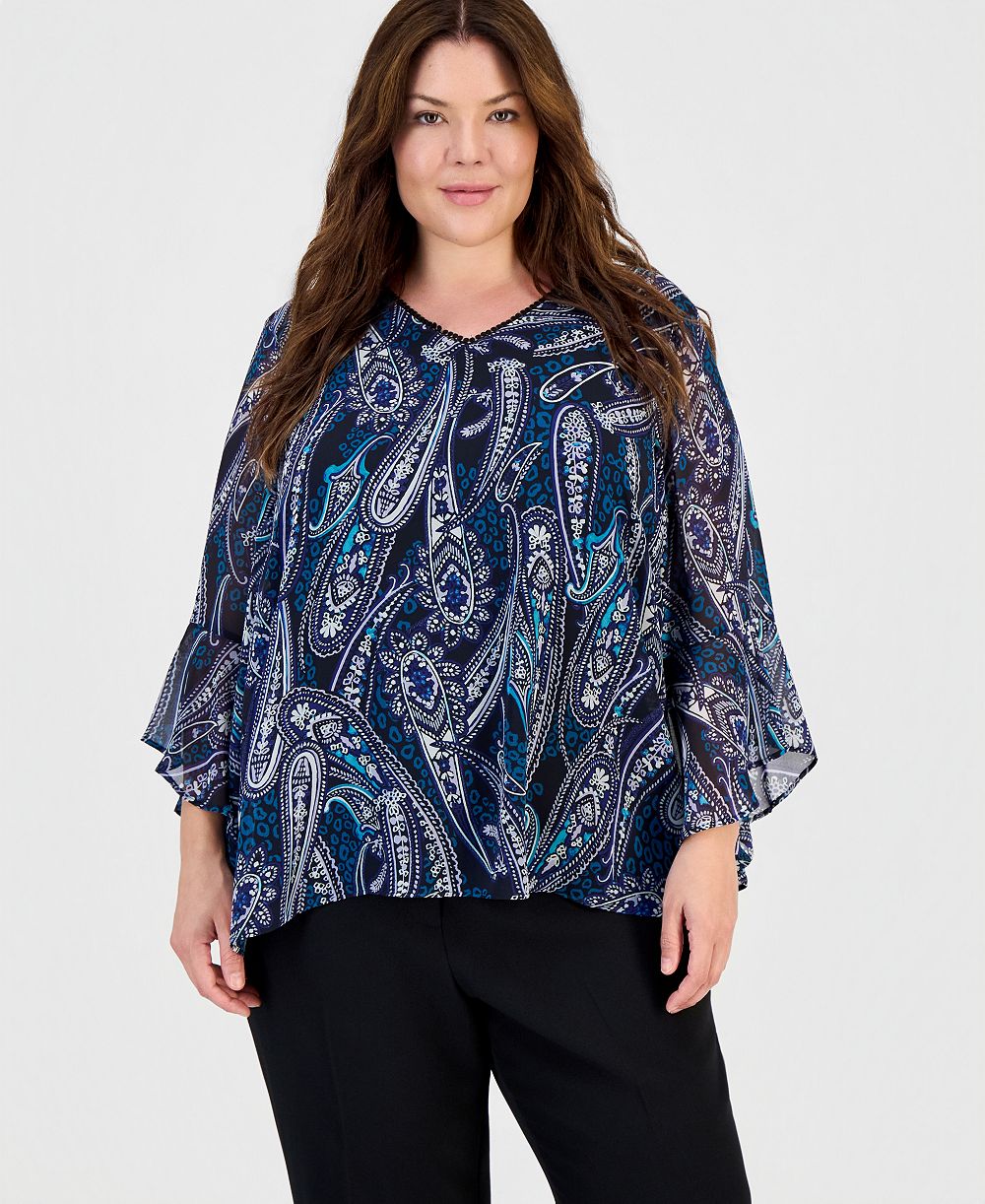 Блузка Kasper Plus Size с V-образным вырезом и рукавами с рюшами