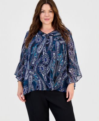 Блузка Kasper Plus Size с V-образным вырезом и рукавами с рюшами