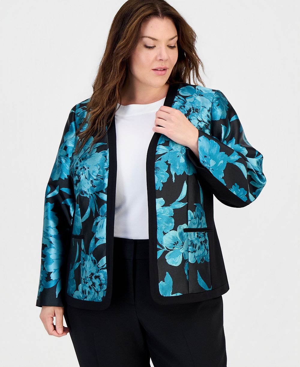 Kasper Plus Size Open-Front Floral Collarless Cardigan