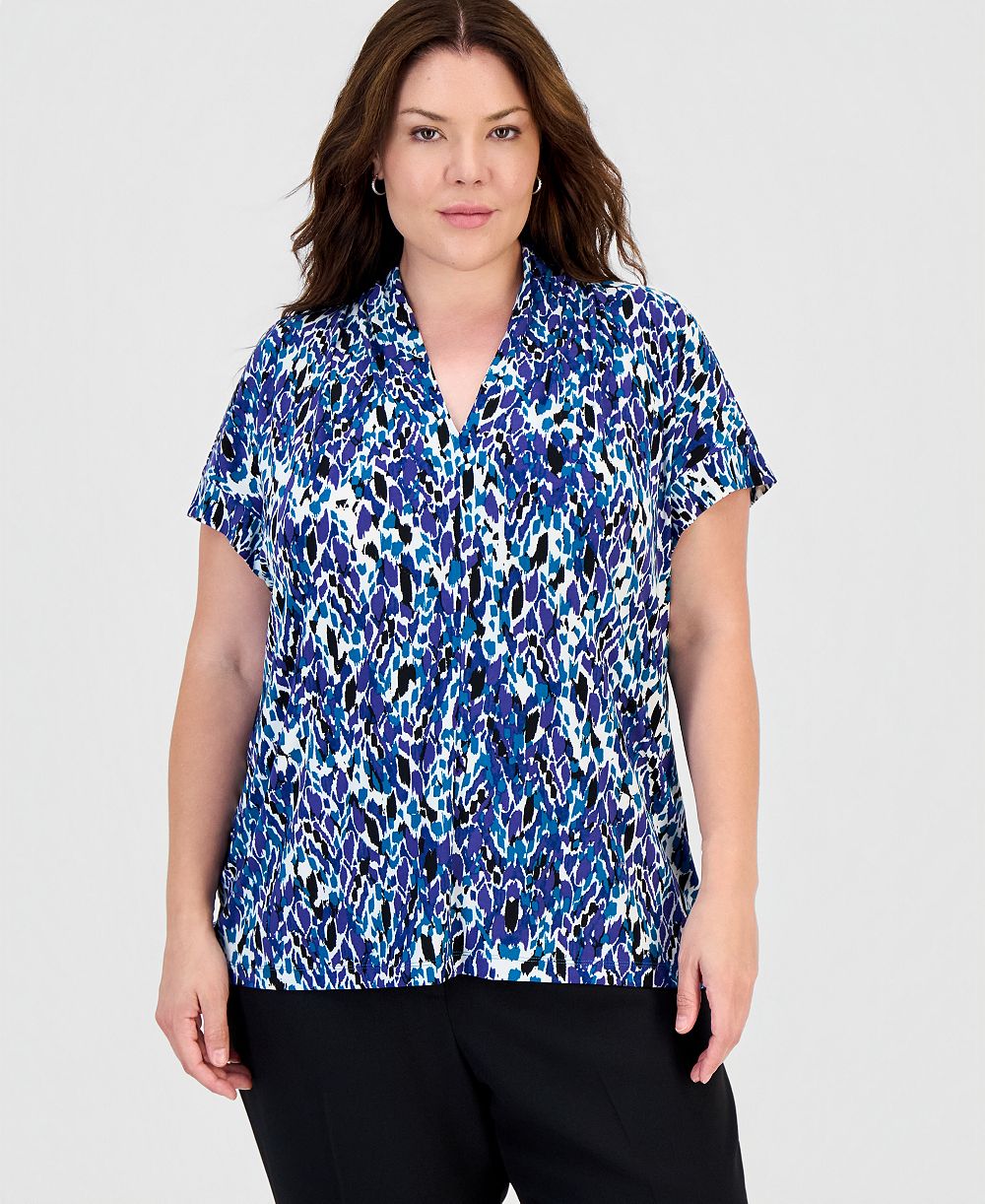 Kasper Plus Size Gathered V-Neck Short-Sleeve Blouse