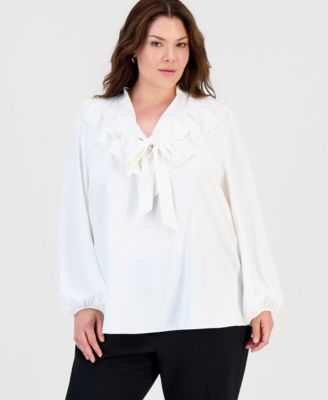 Kasper Plus Size блузка с длинным рукавом и разрезом на воротнике с рюшами