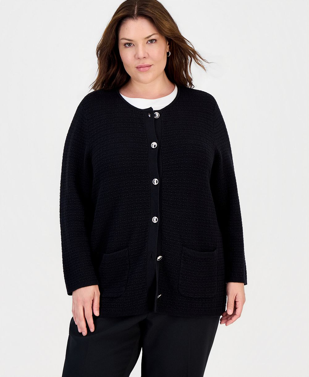 Kasper Plus Size Textured-Knit Patch-Pocket Cardigan