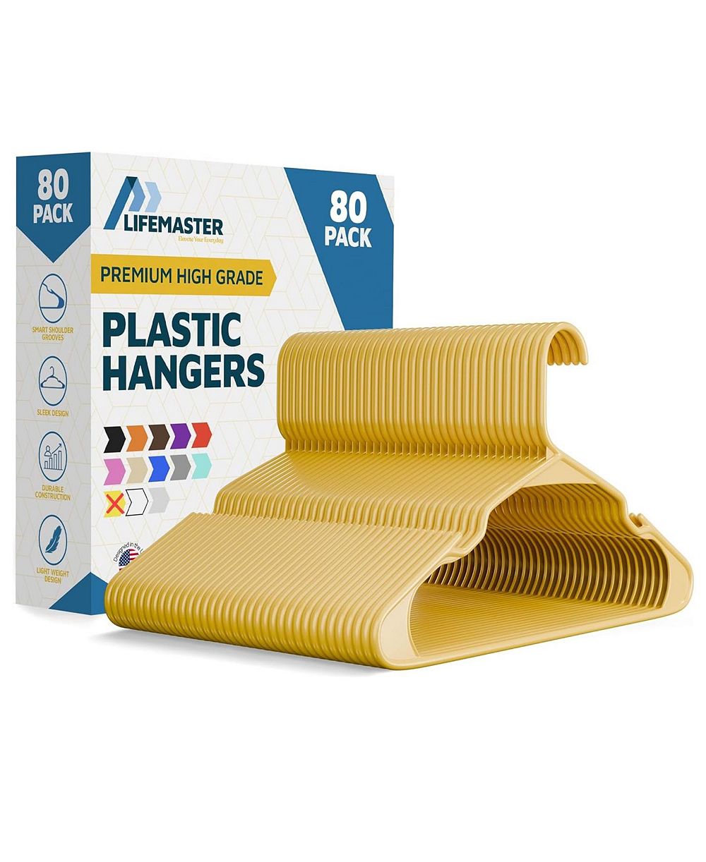 Lifemaster heavy-duty plastic hangers for clothes, dresses & coats non-slip grooves, space-saving design, holds 5 lbs 80-pack.