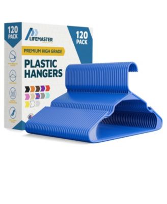 Lifemaster heavy-duty plastic hangers with non-slip grooves, space-saving design, and 5 lb capacity ideal for clothes and dresses. Pack of 120, blue.