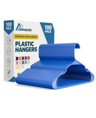 Lifemaster heavy-duty plastic hangers with non-slip grooves, space-saving design, and 5 lb capacity ideal for clothes and dresses. Pack of 100