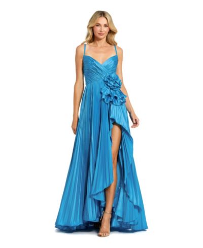 Женское вечернее платье Mac Duggal Pleated Charmeuse с цветочным декором и высоким разрезом