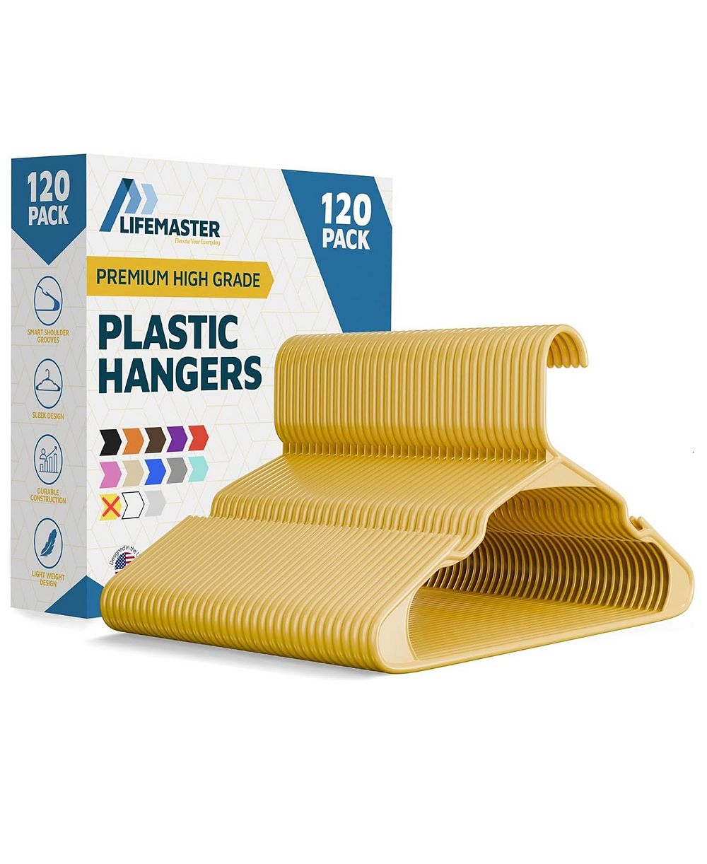 Lifemaster heavy-duty plastic hangers for clothes, dresses & coats non-slip grooves, space-saving design, holds 5 lbs 120-pack