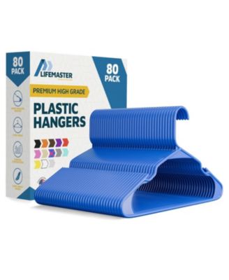 Lifemaster heavy-duty plastic hangers with non-slip grooves, space-saving design, and 5 lb capacity ideal for clothes and dresses. Pack of 80