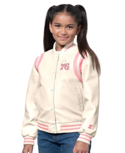 Starter Girls Cream/Pink Philadelphia 76ers Underdog Leather Varsity Jacket