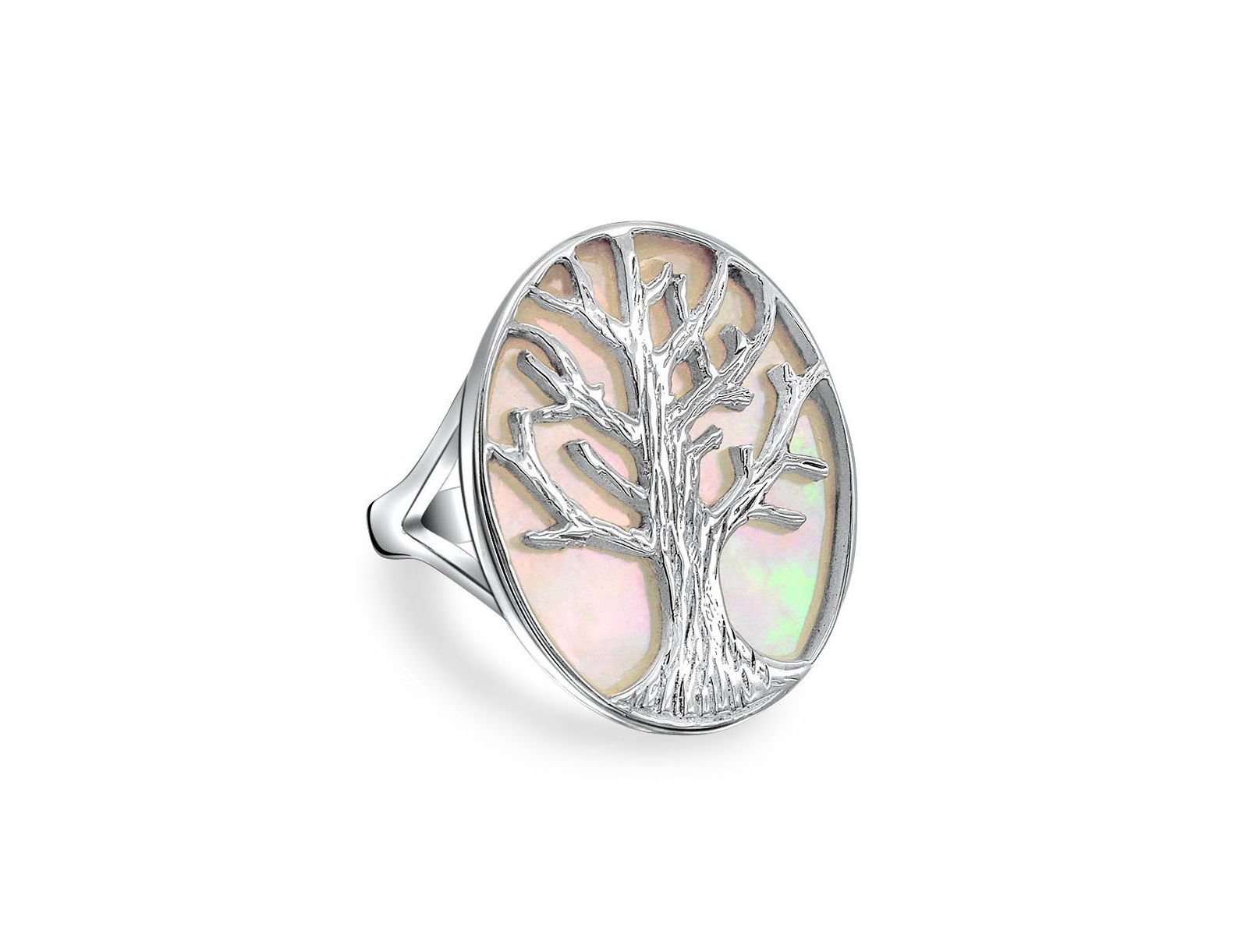 Bling Jewelry Large Iridescent Abalone Mother of Pearl Tree of Life Silver Ring .925 Sterling Silver