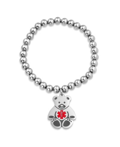 Браслет Bling Jewelry Whimsical Medical ID Stretch Bead с подвеской Teddy Bear для тонкого запястья