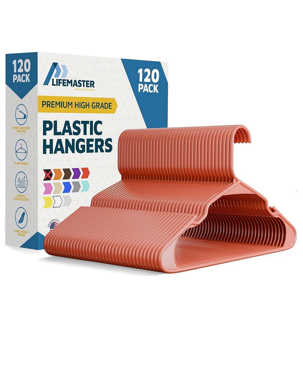 Lifemaster heavy-duty plastic hangers for clothes, dresses & coats non-slip grooves, space-saving design, holds 5 Pounds 120-pack