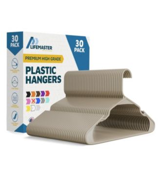 Lifemaster heavy-duty plastic hangers with non-slip grooves, space-saving design, and 5-pound capacity ideal for clothes and dresses. Pack of 30