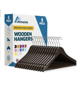 Lifemaster Wooden Hangers with 360degree(s) swivel hook, non-slip notches, and pants bar. Holds 10 Pounds. Perfect for suits, and coats. Pack of 5
