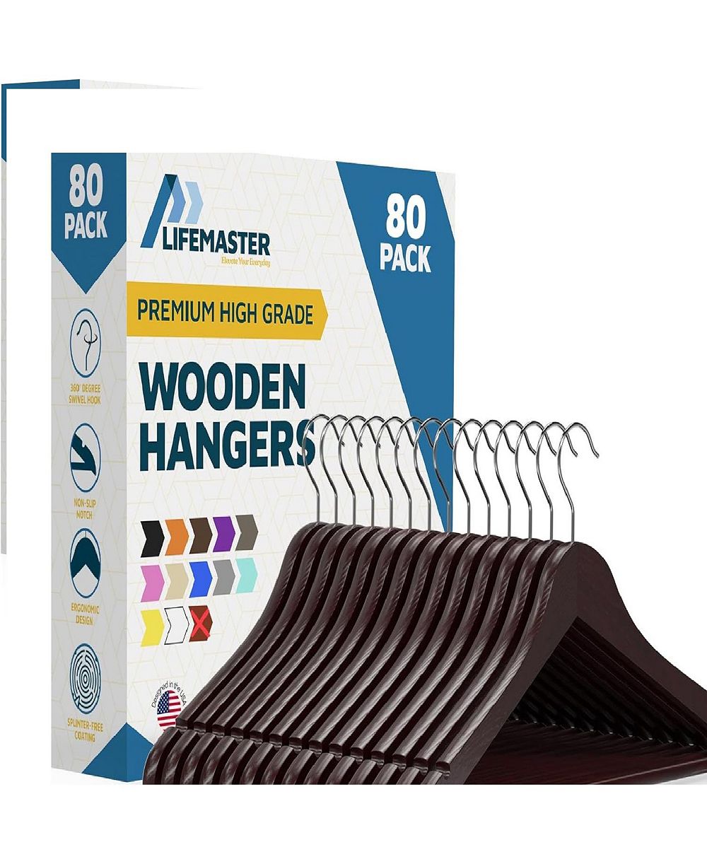Lifemaster Wooden Hanger Set - 80 pieces, non-slip, space-saving with 360degree(s) swivel hook. Ideal for suits, coats, camisoles, jackets, pants, and dresses