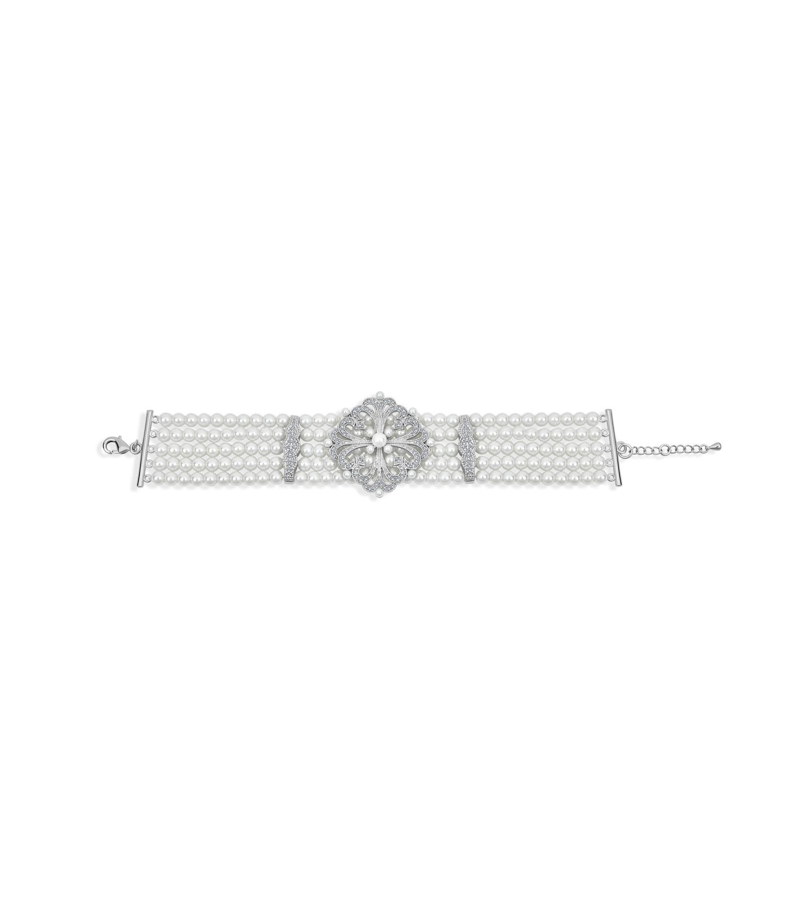 Браслет Bling Jewelry Antique Art Deco Style Statement 5 Row Wide Comfort Stretch Simulated Pearl Floral Silver Plated Brass