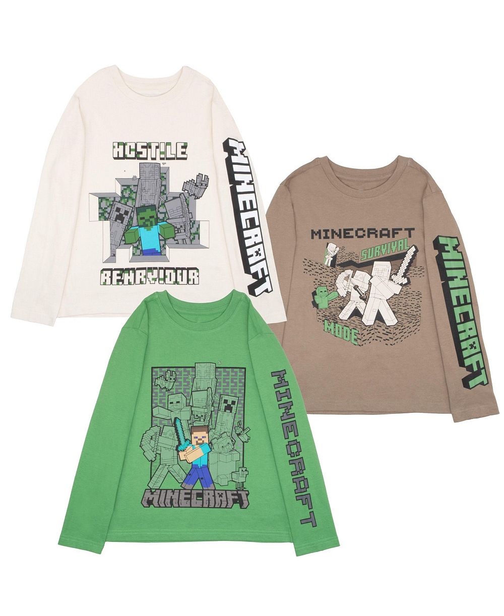 Minecraft Steve, Creeper, Zombie, Skeleton Little Boys 4-16 3 Pack Long Sleeve Tees