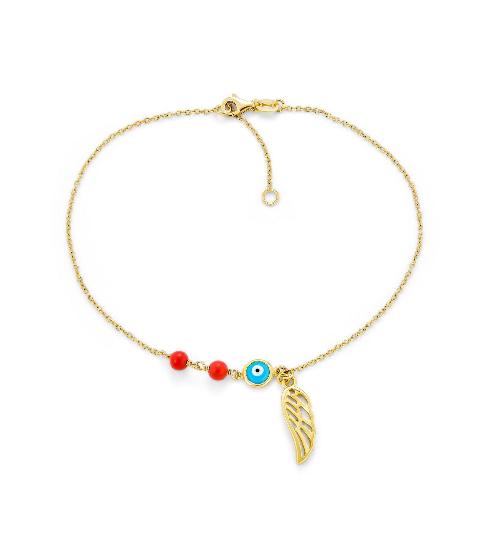 Браслет-анклет Bling Jewelry Turkish Spiritual Guardian Angel Wing and Evil Eye, позолоченное серебро 14k Gold Plated Sterling Silver