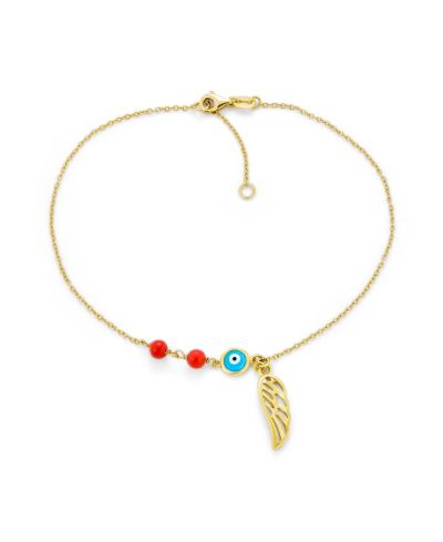 Браслет-анклет Bling Jewelry Turkish Spiritual Guardian Angel Wing and Evil Eye, позолоченное серебро 14k Gold Plated Sterling Silver