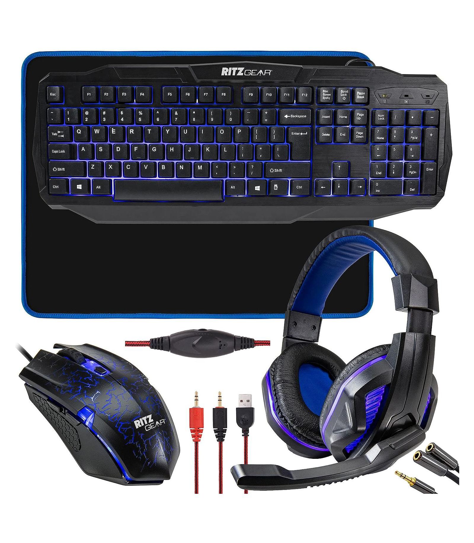 Ritz Gear 4-in-1 LED-Backlit Gaming Kit Wired Gaming Keyboard, Mouse, Headset and Mouse Pad Bundle for PC, Xbox, PS4