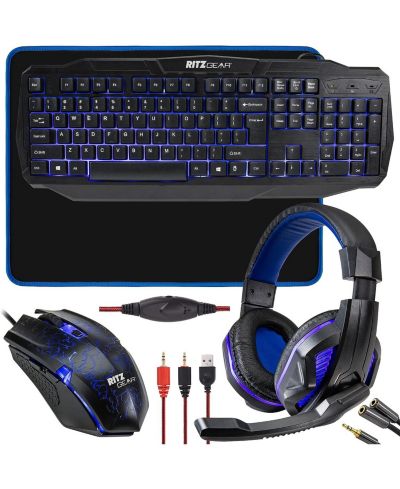 Игровой набор Ritz Gear 4-в-1 с LED подсветкой: клавиатура, мышь, гарнитура и коврик
