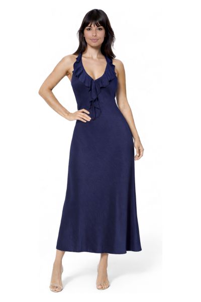 Bebe Women's Crushed Satin Ruffle Halter Maxi Dress