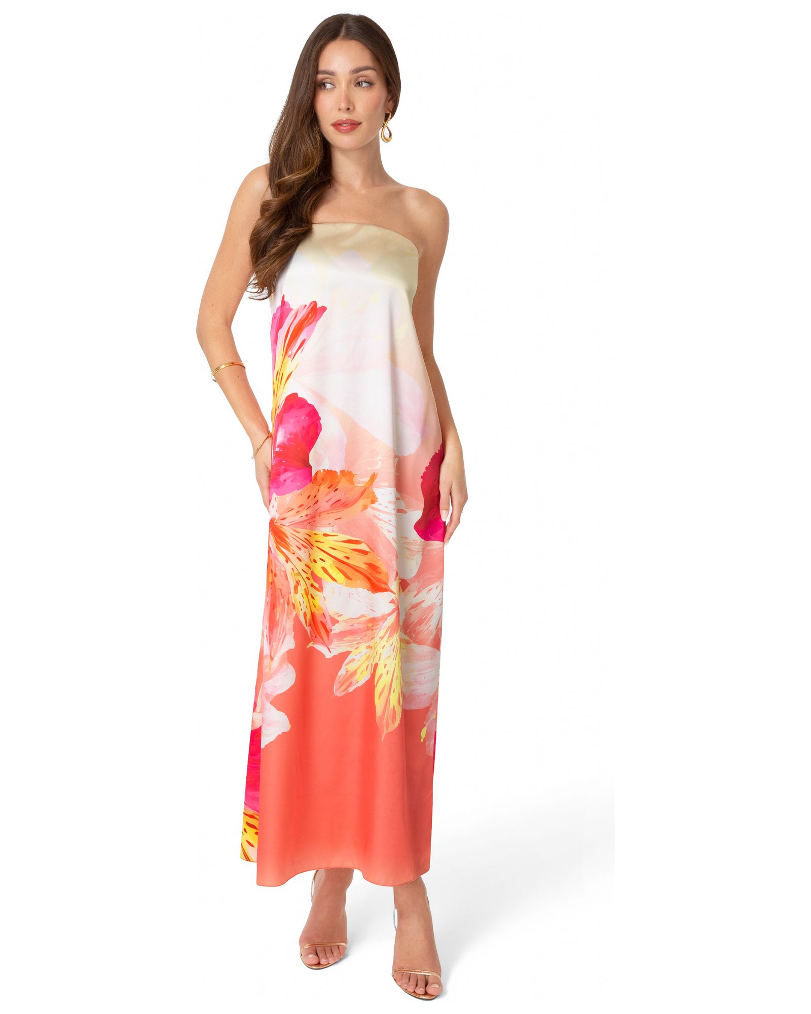 Bebe Women's Printed Satin Strapless Maxi Dress