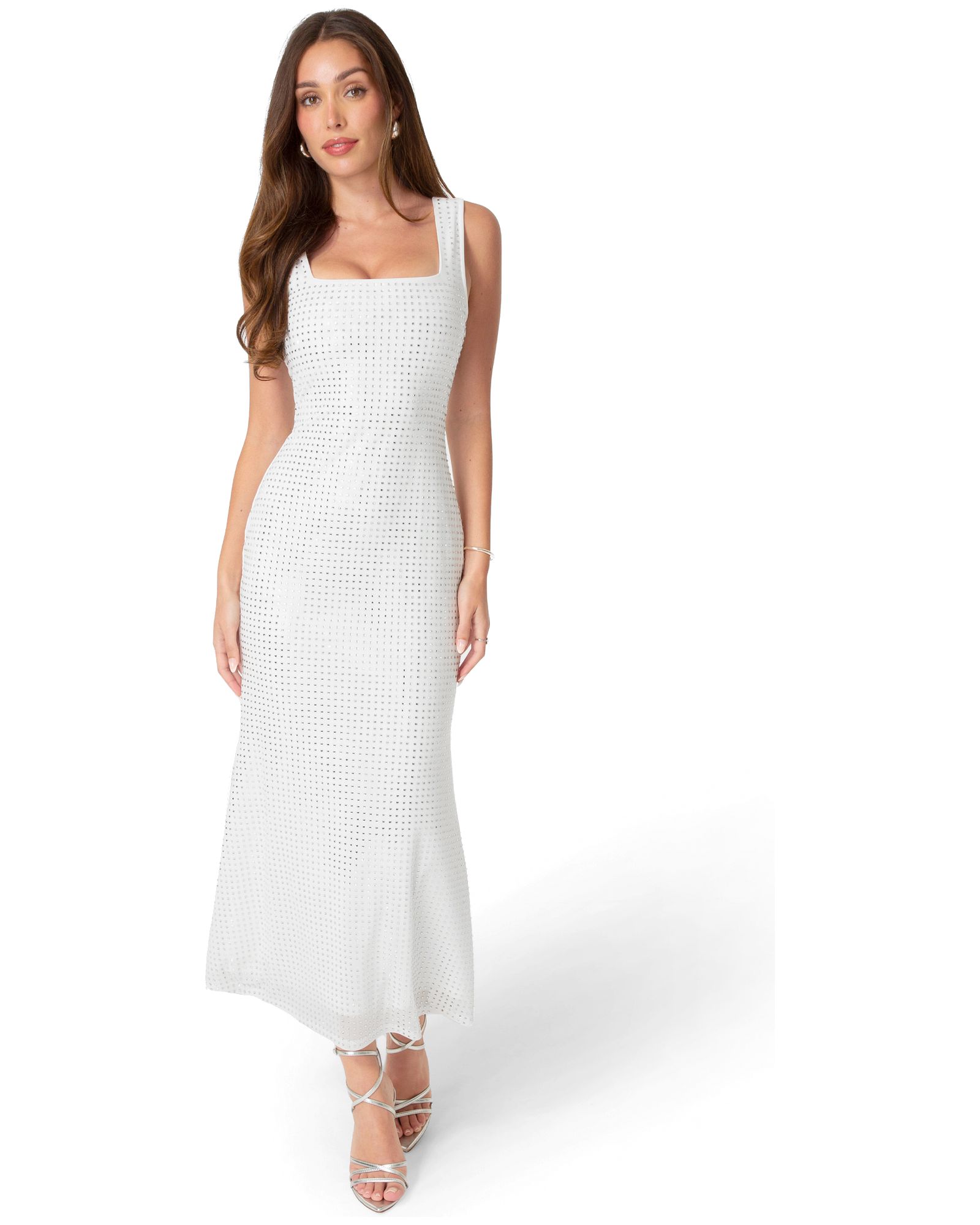 Bebe Women's Square Neck Hotfix Mesh Maxi Dress