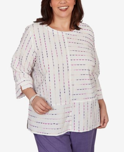 Alfred Dunner Plus Size Grand Bazaar White Textured Rainbow Stripe Top