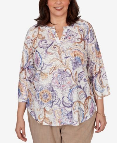 Alfred Dunner Plus Size Grand Bazaar Jacobean Floral Split Neck Top