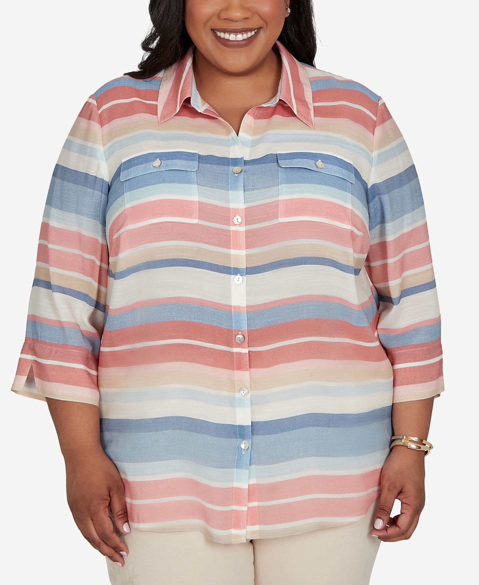 Alfred Dunner Plus Size Camden Market Colorful Stripes Button-Front Top