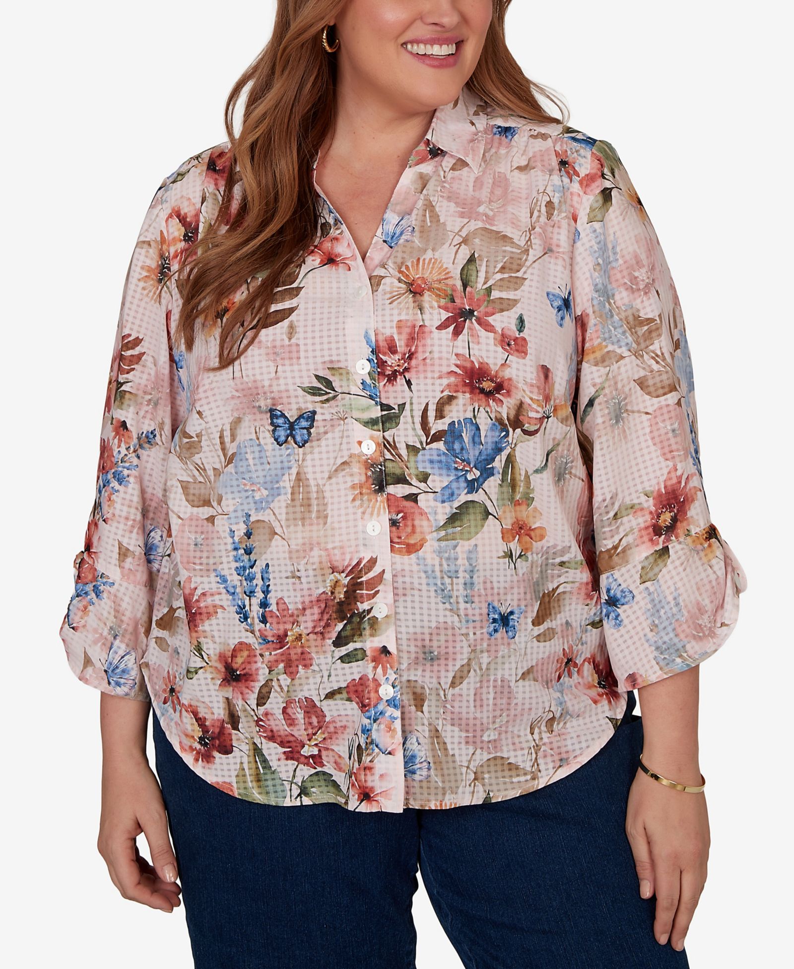 Alfred Dunner Plus Size Camden Market Botanical Butterfly Button-Front Top
