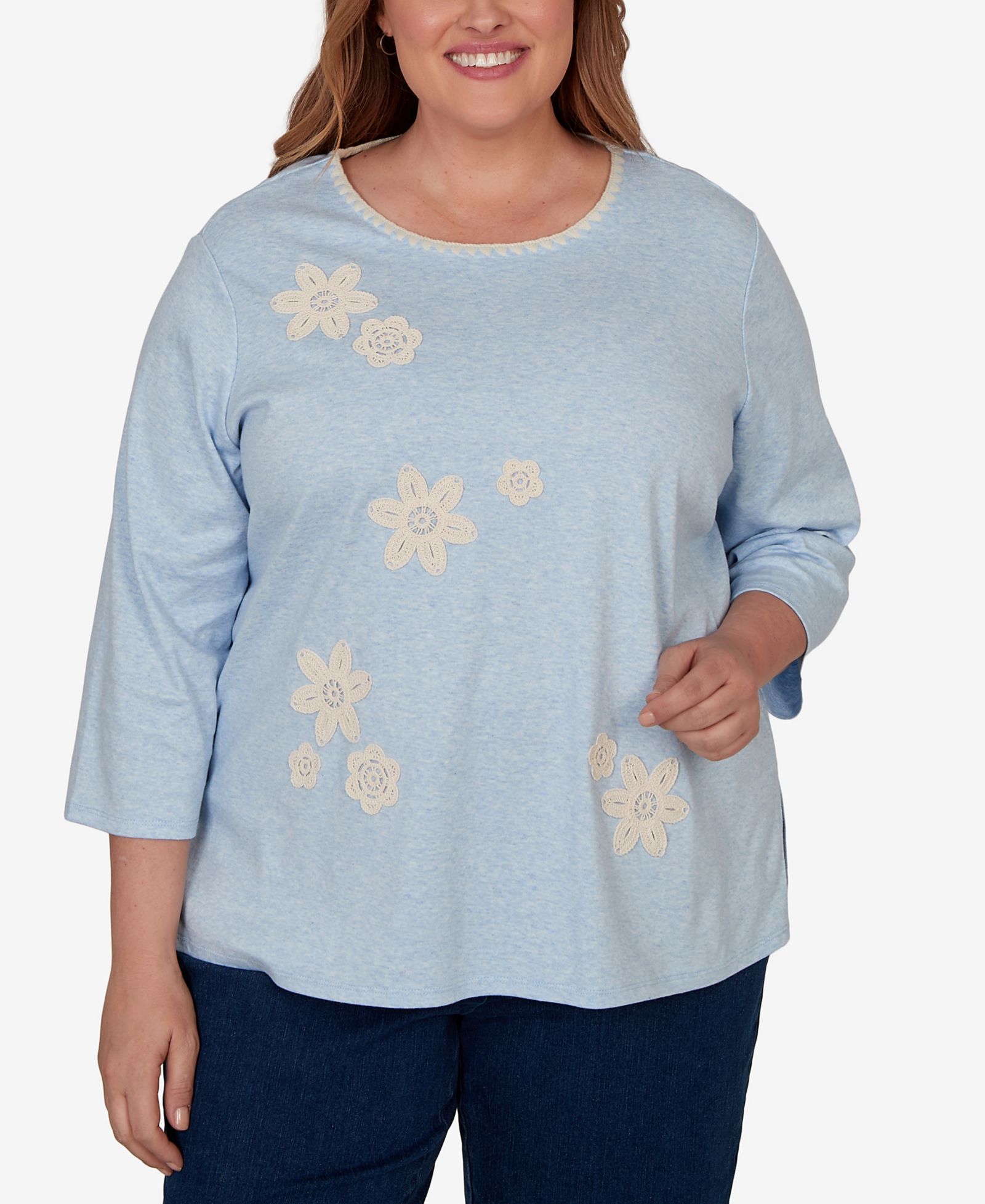 Alfred Dunner Plus Size Camden Market Floral Stitches Heathered Knit Top