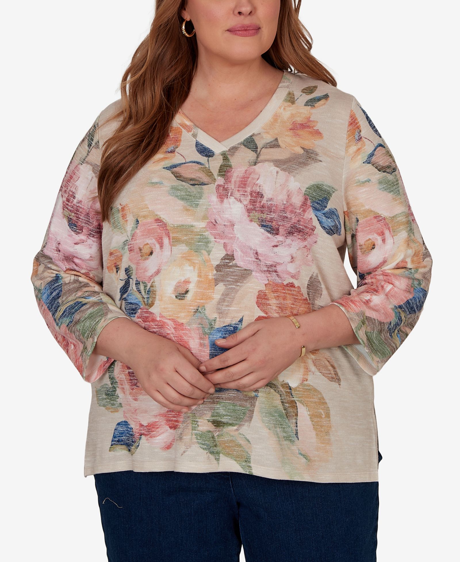Alfred Dunner Plus Size Camden Market Bold Roses V-Neck Knit Top