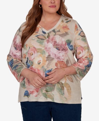Вязаной топ Alfred Dunner Camden Market Bold Roses с V-образным вырезом Plus Size
