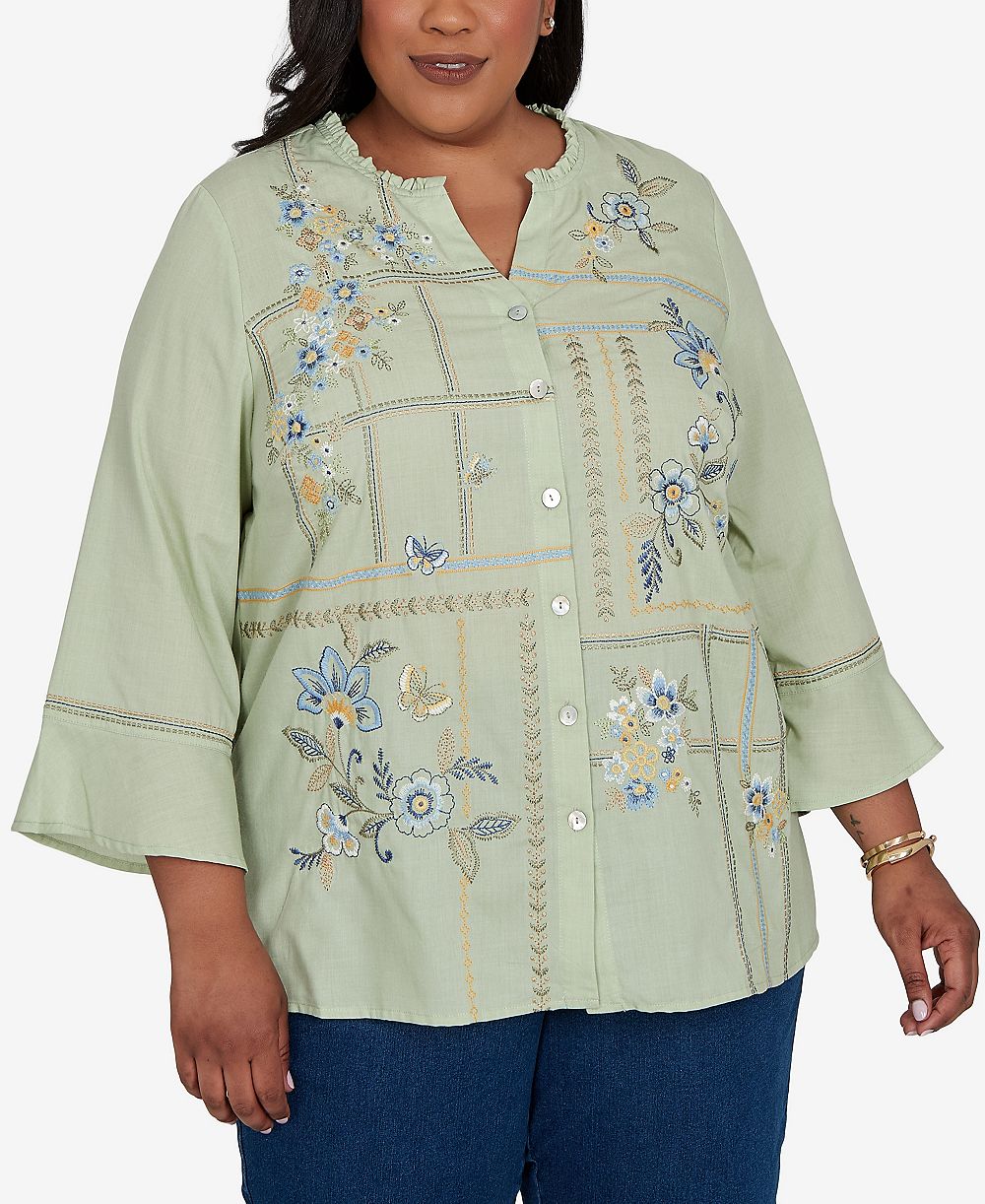 Alfred Dunner Plus Size Floral Embroidered Squares Button-Front Top