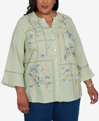 Alfred Dunner Plus Size Floral Embroidered Squares Button-Front Top