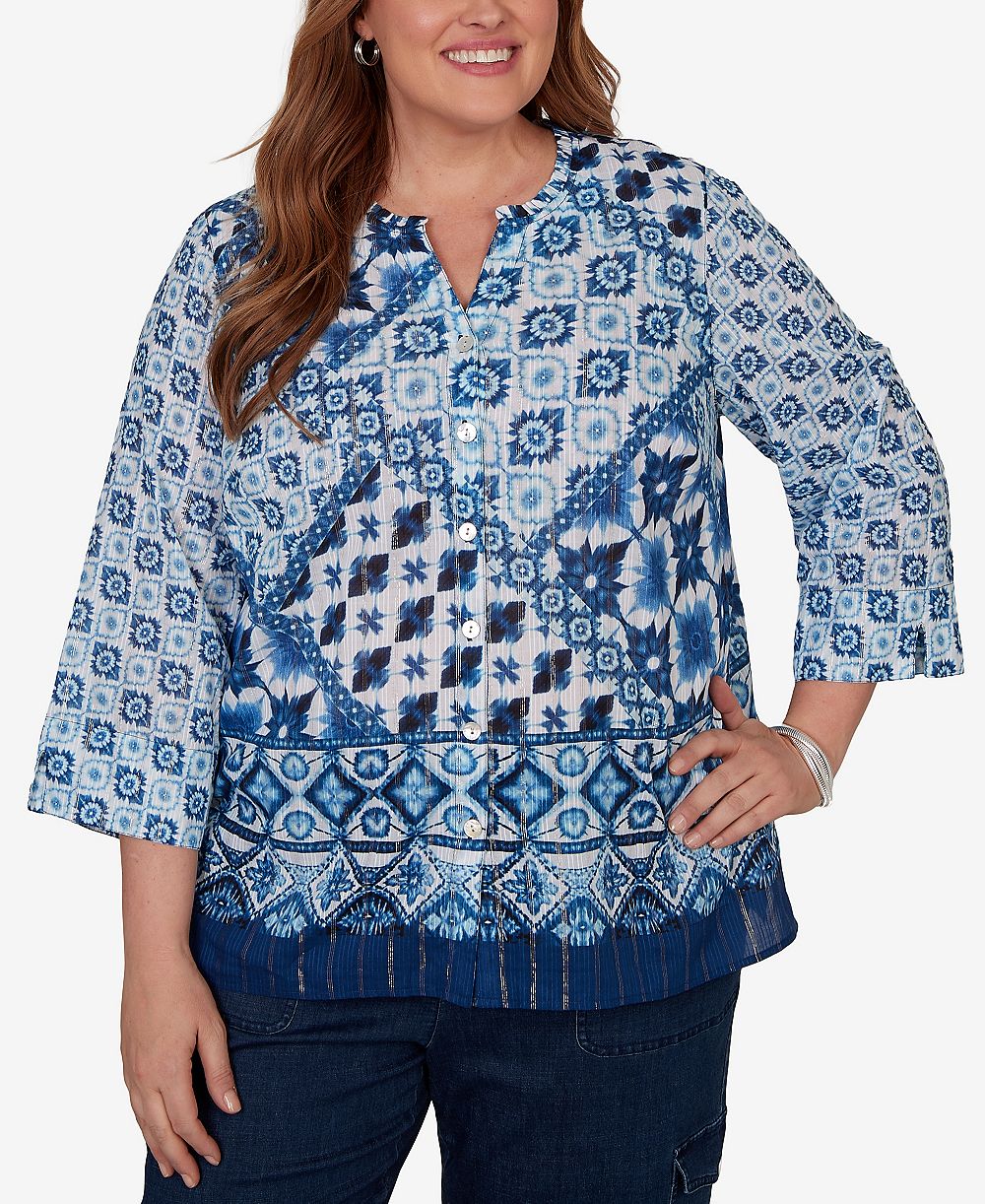 Alfred Dunner Plus Size Ikat Tie-Dye Patchwork Henley Top