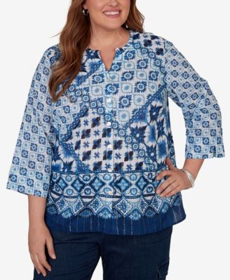 Женский топ Alfred Dunner Plus Size Indigo Girls Ikat Tie-Dye Patchwork Henley
