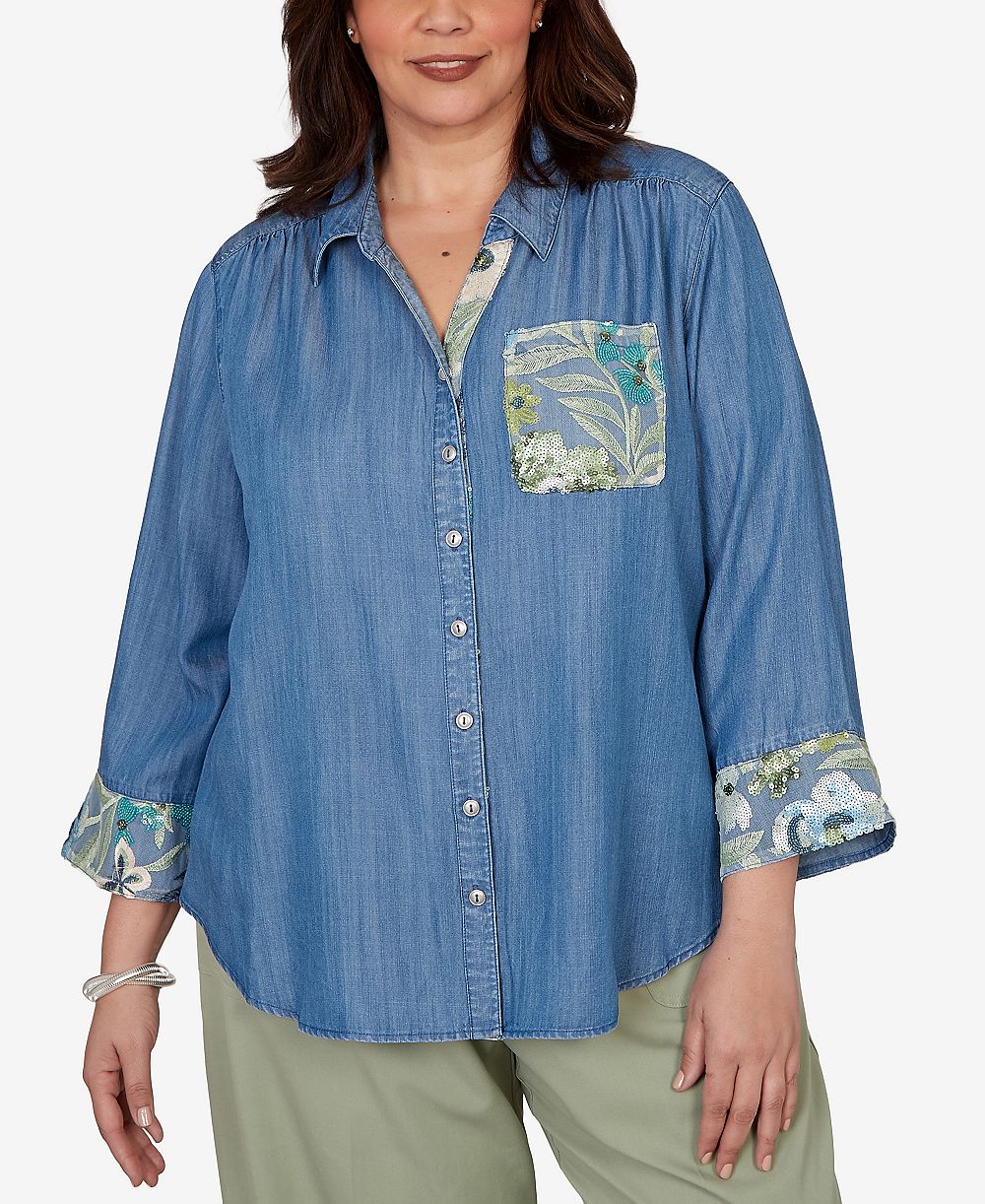 Alfred Dunner Plus Size Sequined Denim Button-Front Top