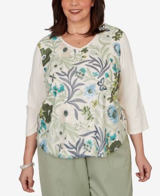 Alfred Dunner Plus Size вязаной топ с цветочным сетчатым напылением Indigo Girls Sequined Floral Mesh Overlay