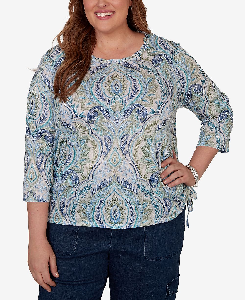 Alfred Dunner Plus Size Medallion Print Braided Neck Top