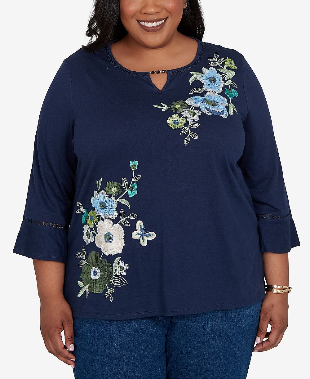 Alfred Dunner Plus Size Asymmetric Sequin Flowers Knit Top