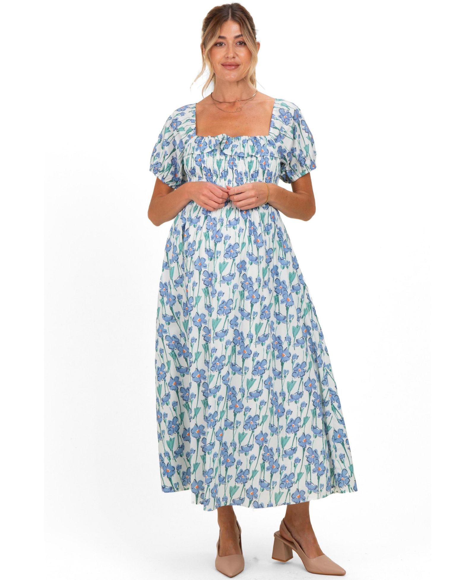 Платье миди Pinkblush Women's Blue Floral Smocked Ruffle Accent