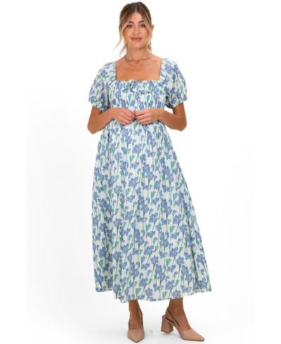 Pinkblush Women's Blue Floral Smocked Ruffle Accent Midi Dress