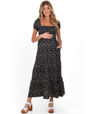 Pinkblush Women's Black Floral Smocked Puff Sleeve Maxi Dress